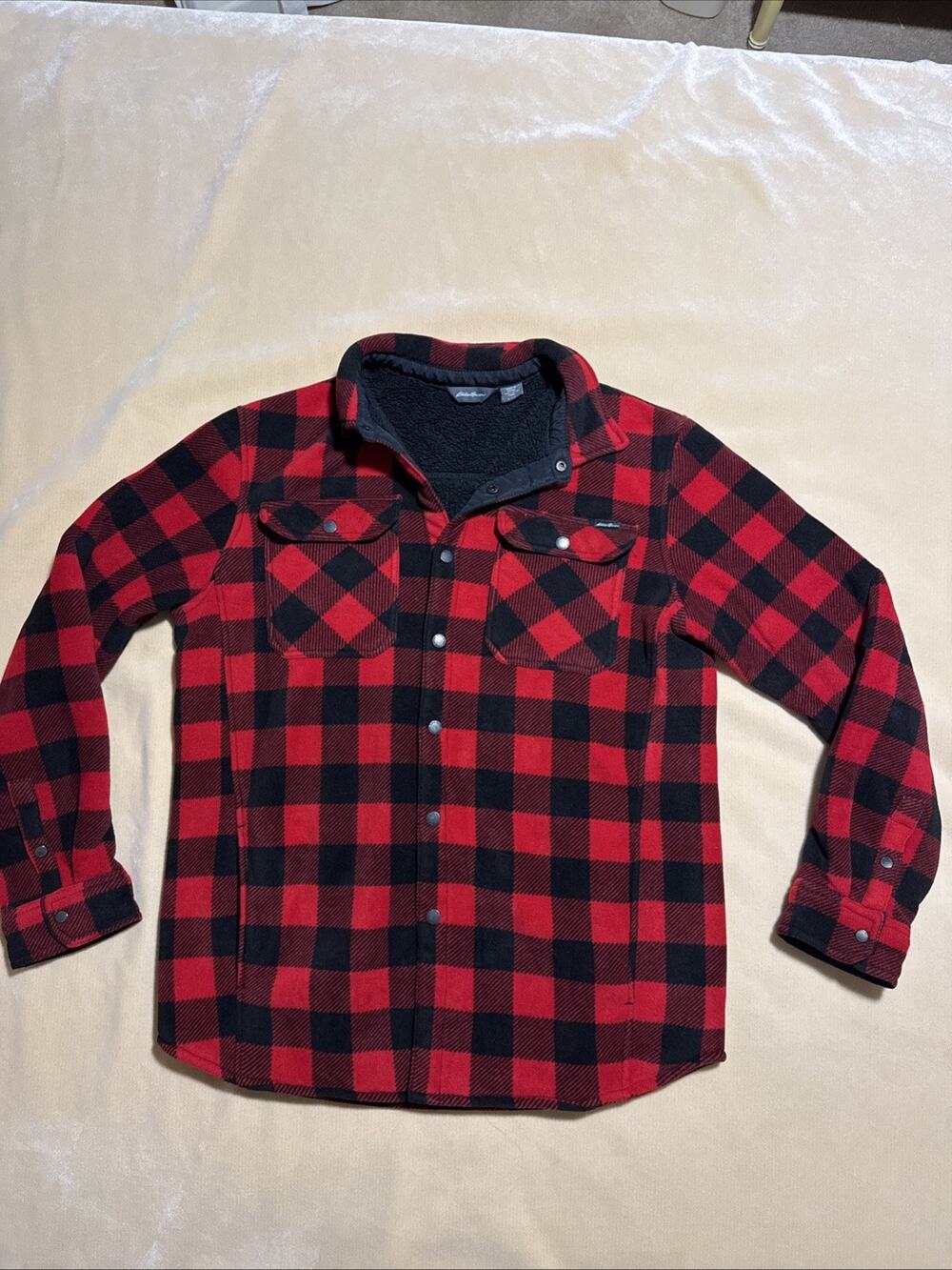 Eddie Bauer Mens L Buffalo Check Button Up Cotton Red Black Long Sleeve Flannel